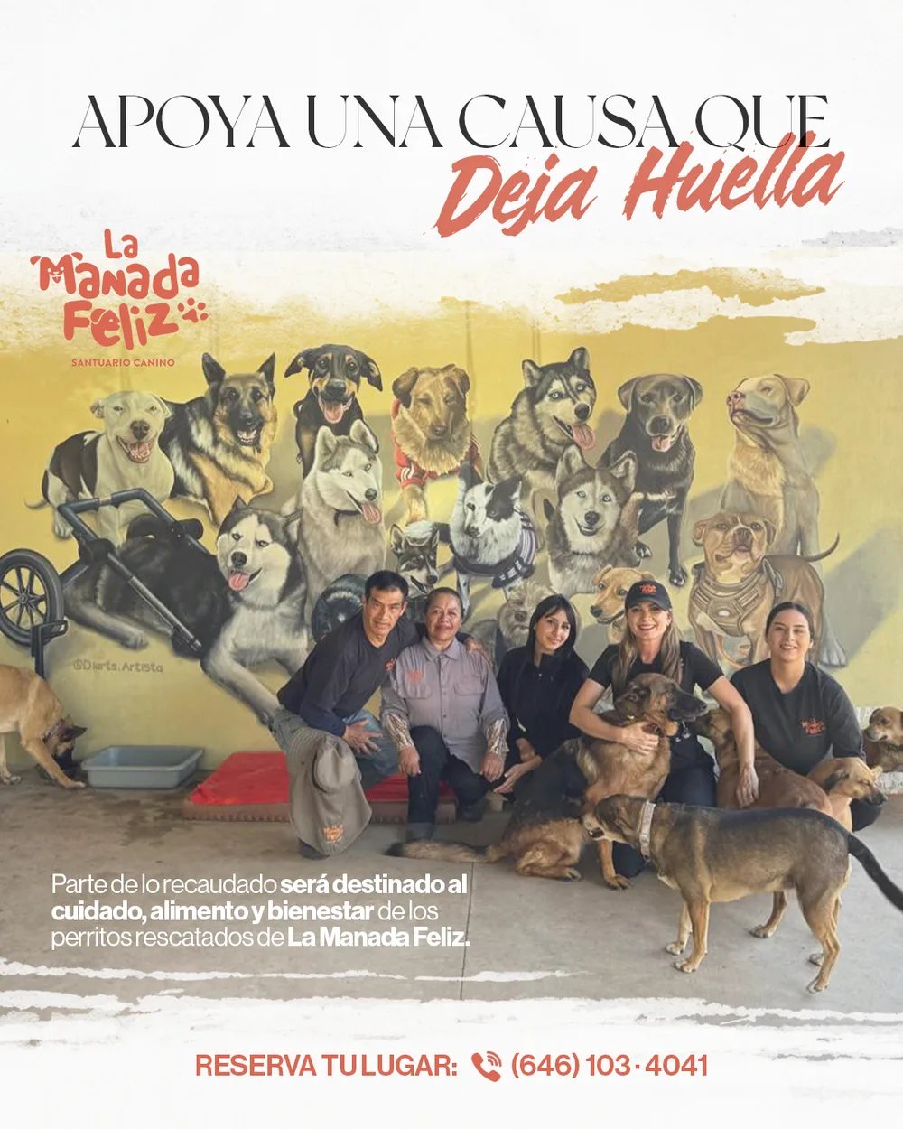 El equipo de La Manada Feliz con los perritos rescatados del santuario.
